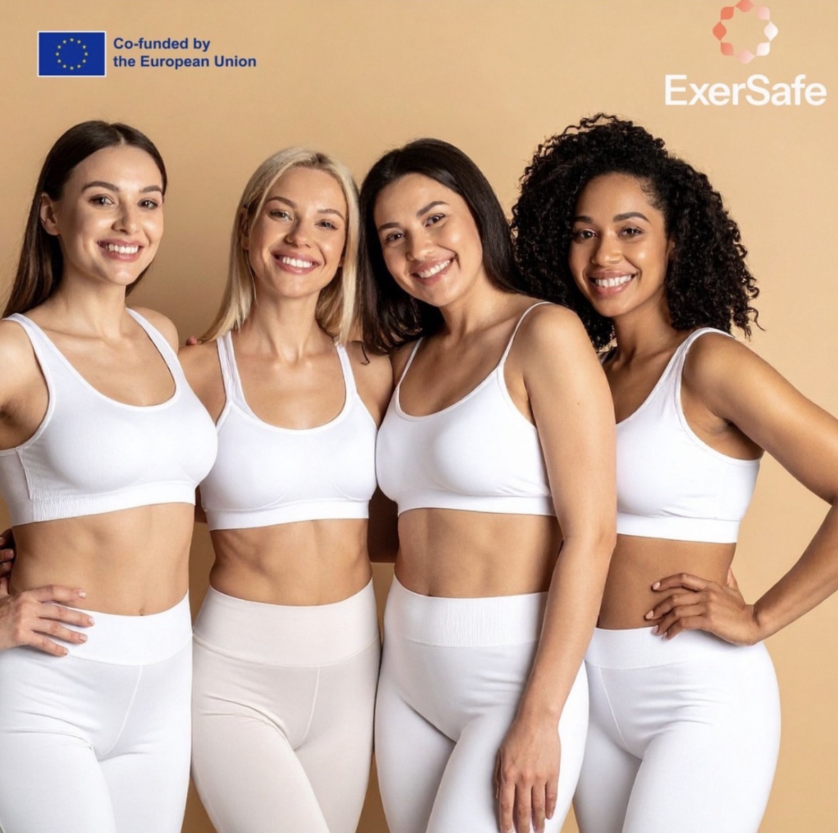 Four diverse women athletes in white sportswear smiling together