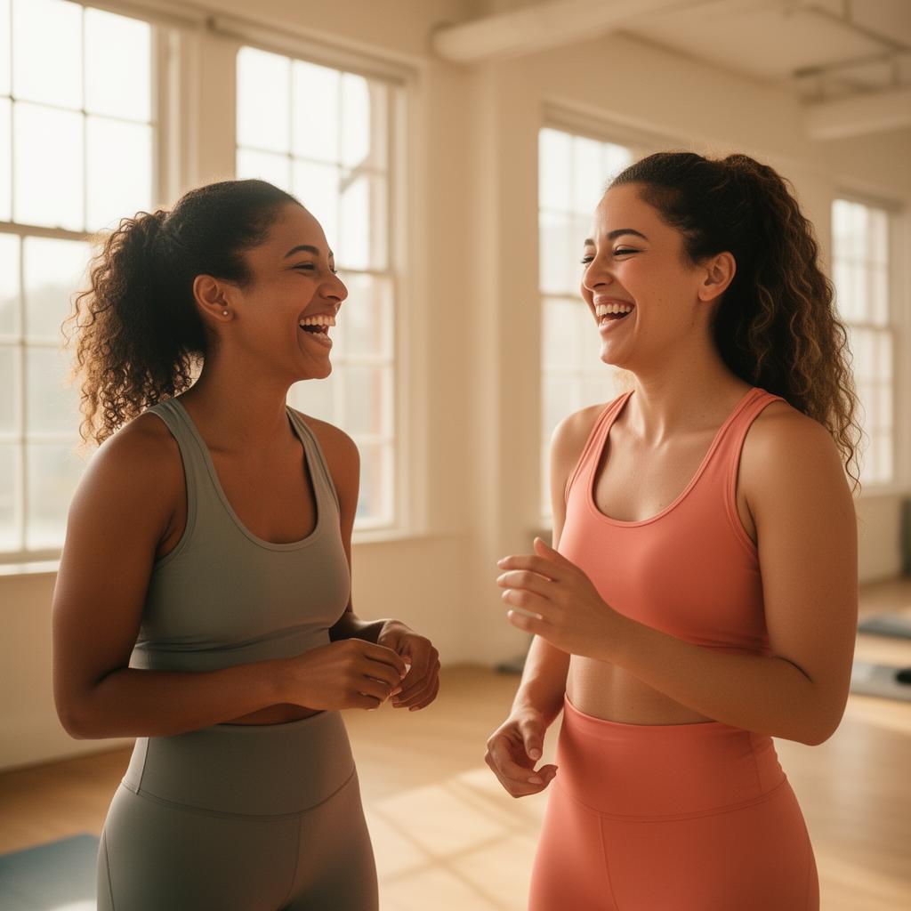 Two women laughing together in a bright fitness studio
